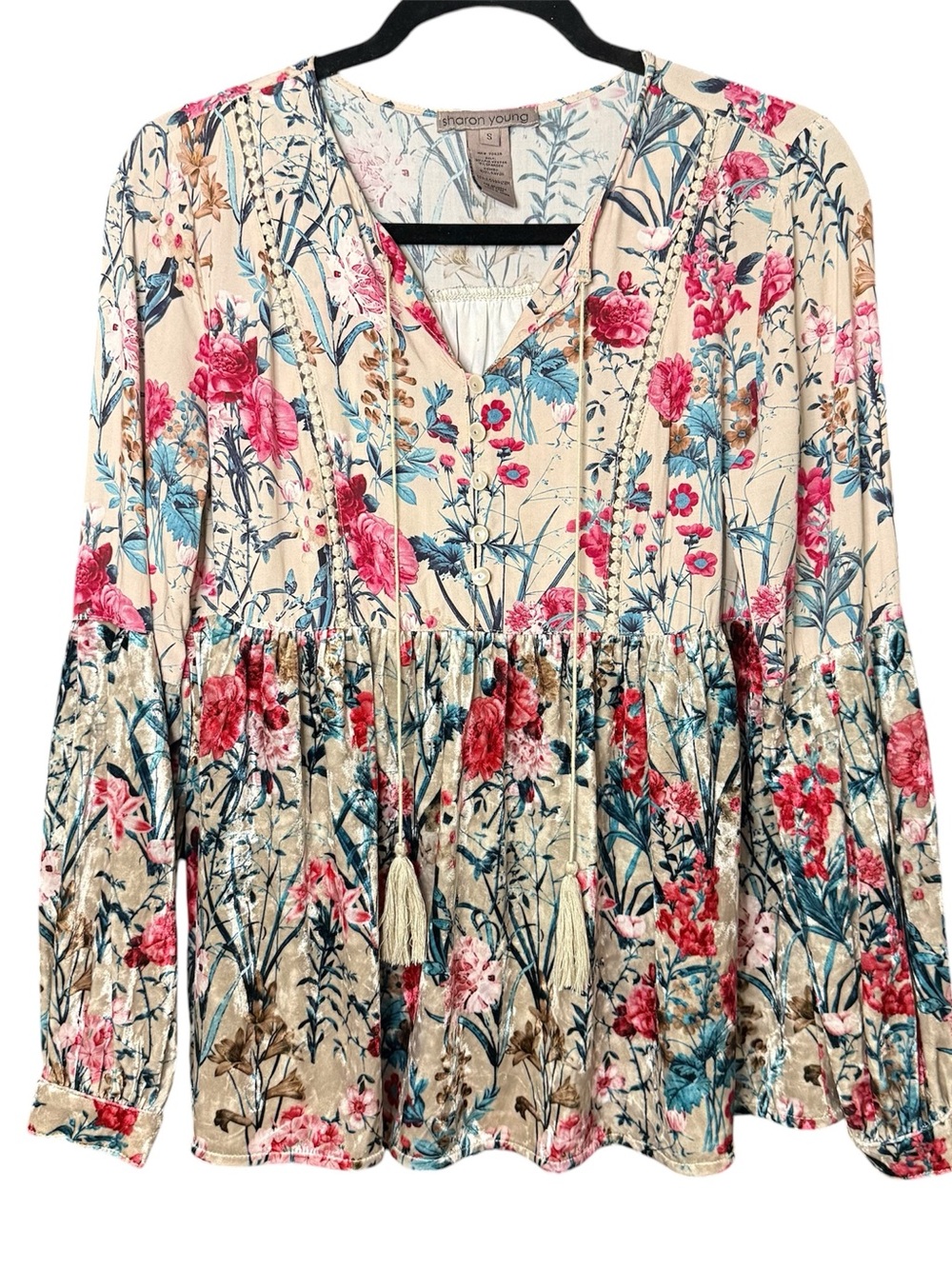 Sharon Young Cream Floral Peasant Top with Pink & Blue Accents